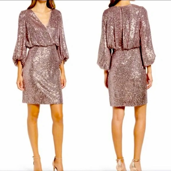 Eliza J Rose Gold Mauve Sequin Dress Faux Wrap Stretch waist sz 10 - Picture 1 of 10